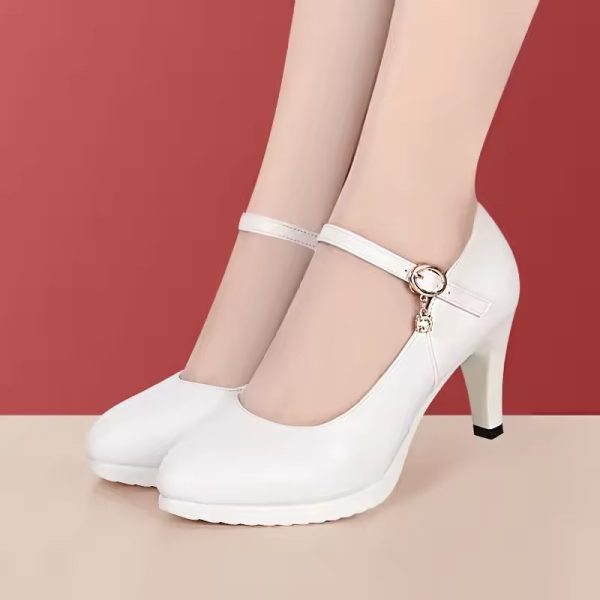 Elegant Shallow Thick Bottom Genuine Leather Platform Block High Heels - Image 5