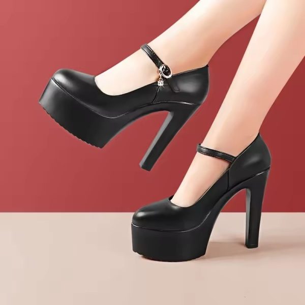 Elegant Shallow Thick Bottom Genuine Leather Platform Block High Heels - Image 2