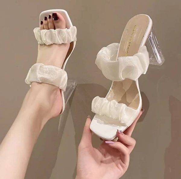 Elegant Shallow Transparent Crystal Chunky Sandals High Heels - Image 2
