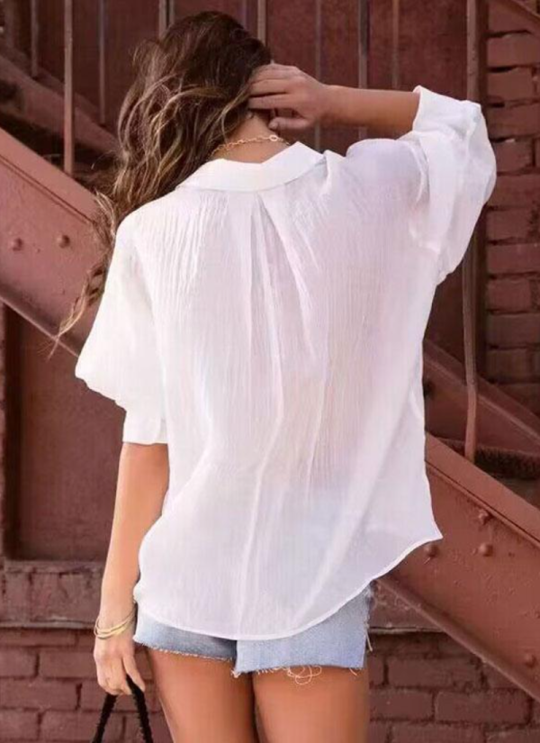 Elegant Shirt Oversized Pleated Turndown Collar Casual Long Sleeves Tops - Image 4