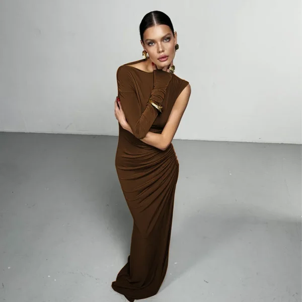 Elegant Single Sleeve High Elasticity Tight Fold Party Club Evening Bodycon Dress - Image 6