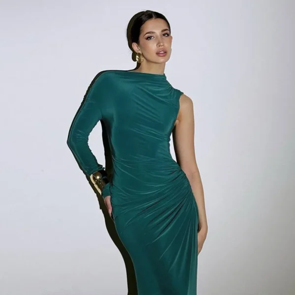 Elegant Single Sleeve High Elasticity Tight Fold Party Club Evening Bodycon Dress - Image 5