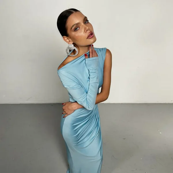 Elegant Single Sleeve High Elasticity Tight Fold Party Club Evening Bodycon Dress - Image 13