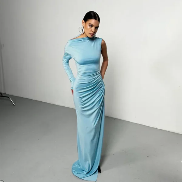 Elegant Single Sleeve High Elasticity Tight Fold Party Club Evening Bodycon Dress - Image 11