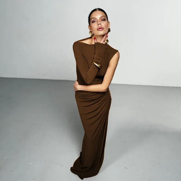 Elegant Single Sleeve High Elasticity Tight Fold Party Club Evening Bodycon Dress - Image 7