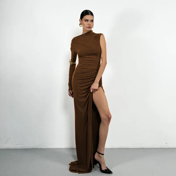 Elegant Single Sleeve High Elasticity Tight Fold Party Club Evening Bodycon Dress - Image 8