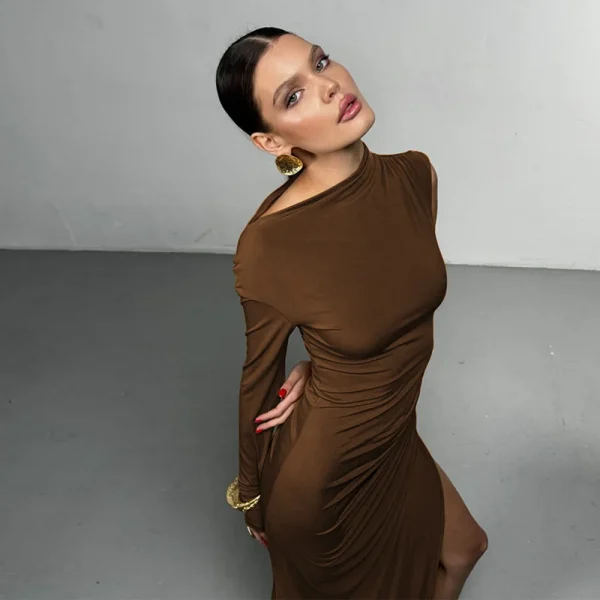 Elegant Single Sleeve High Elasticity Tight Fold Party Club Evening Bodycon Dress - Image 10