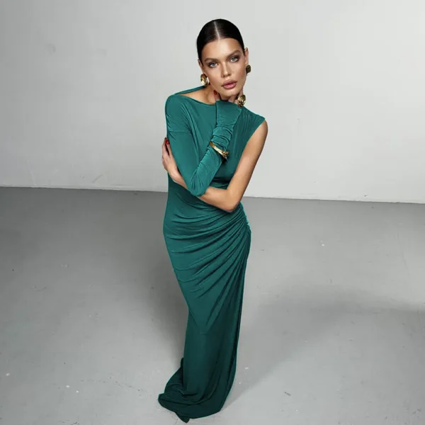 Elegant Single Sleeve High Elasticity Tight Fold Party Club Evening Bodycon Dress - Image 4