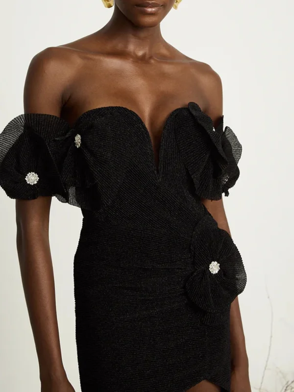 Elegant Slash Neck Shoulder Cuff Solid Spliced Diamonds Slimming Mini Dress - Image 2