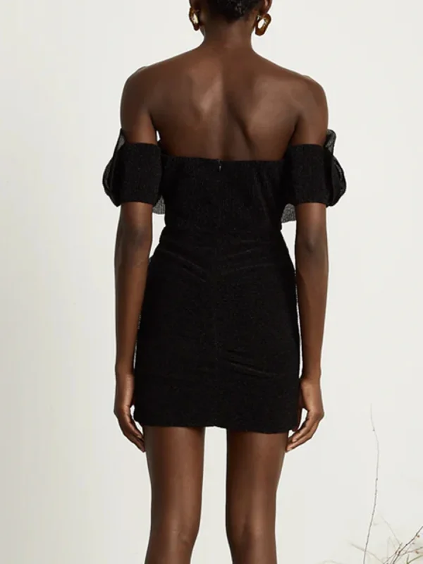 Elegant Slash Neck Shoulder Cuff Solid Spliced Diamonds Slimming Mini Dress - Image 6