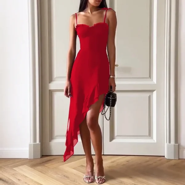 Elegant Sleeveless Backless Irregular Spaghetti Strap Ruffle Club Party Midi Dress - Image 8