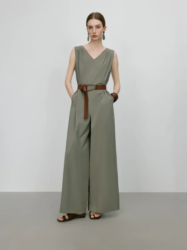 Elegant Sleeveless Tank Style High-Waisted Wide Leg Cotton Blend Jumpsuit