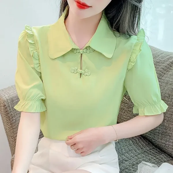 Elegant Solid Color Versatile Short Sleeve Commuter Pan Button Chiffon Shirt Tops - Image 4