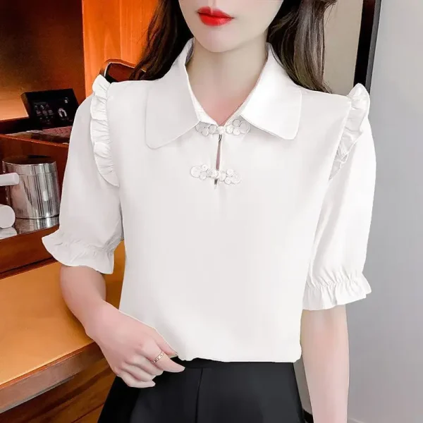 Elegant Solid Color Versatile Short Sleeve Commuter Pan Button Chiffon Shirt Tops - Image 5