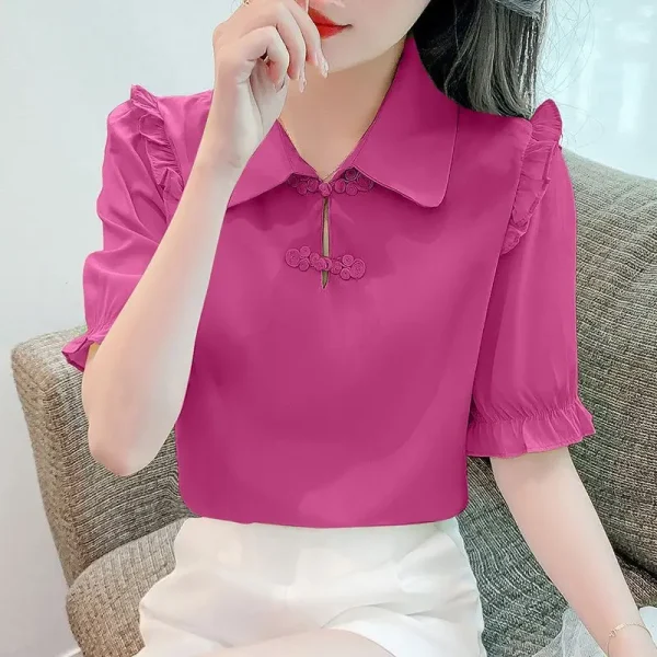Elegant Solid Color Versatile Short Sleeve Commuter Pan Button Chiffon Shirt Tops - Image 2