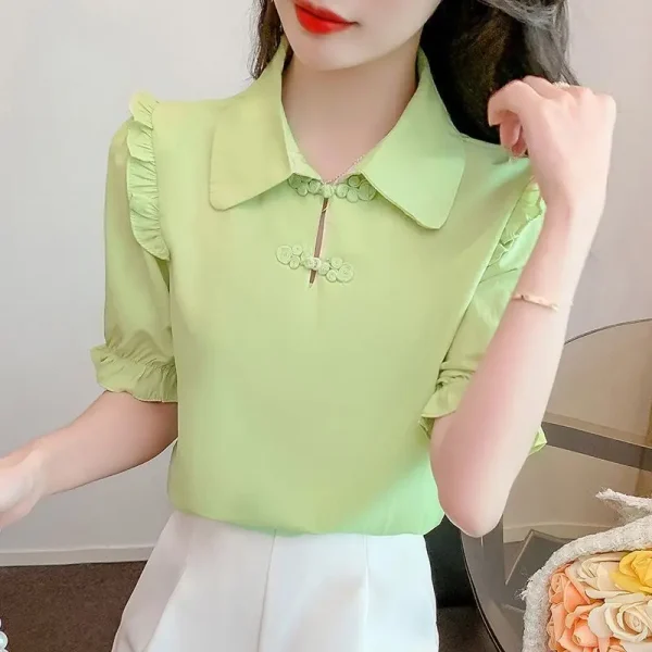 Elegant Solid Color Versatile Short Sleeve Commuter Pan Button Chiffon Shirt Tops - Image 3