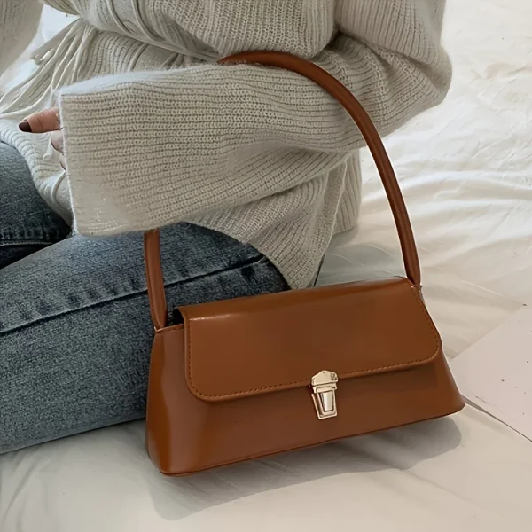 Elegant Solid Underarm Retro Baguette Zipper Tote Shoulder Bag - Image 4