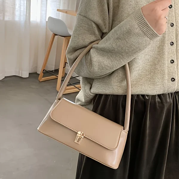 Elegant Solid Underarm Retro Baguette Zipper Tote Shoulder Bag - Image 3