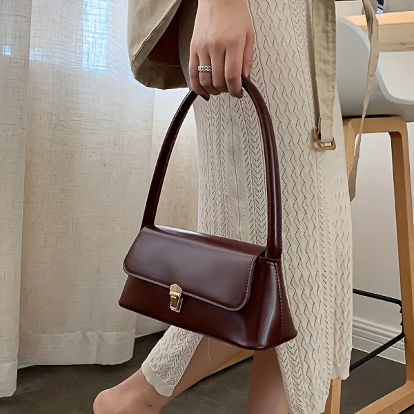 Elegant Solid Underarm Retro Baguette Zipper Tote Shoulder Bag - Image 2