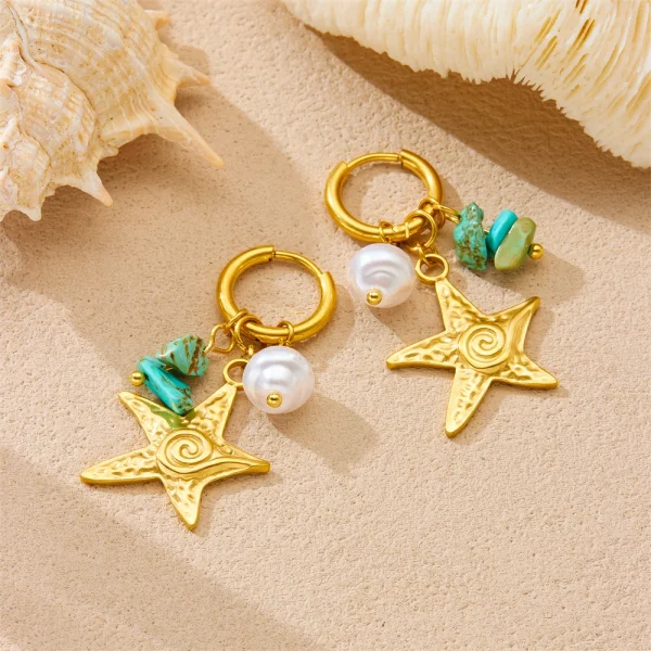 Elegant Stainless Steel Romantic Turquoise Pearl Starfish Waterproof Push-back Earrings - Image 4