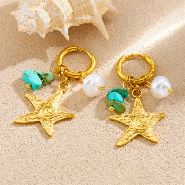 Elegant Stainless Steel Romantic Turquoise Pearl Starfish Waterproof Push-back Earrings - Image 3