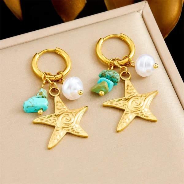 Elegant Stainless Steel Romantic Turquoise Pearl Starfish Waterproof Push-back Earrings - Image 2