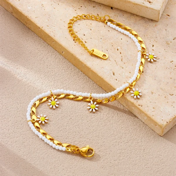 Elegant Stainless Steel White Small Flower Oil drop Double Waterproof Foot Chains Layer Anklets - Image 3