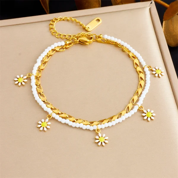 Elegant Stainless Steel White Small Flower Oil drop Double Waterproof Foot Chains Layer Anklets - Image 4