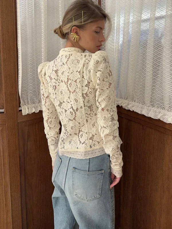 Elegant Stand Collar Lace Long Sleeve Print Floral Tops - Image 6