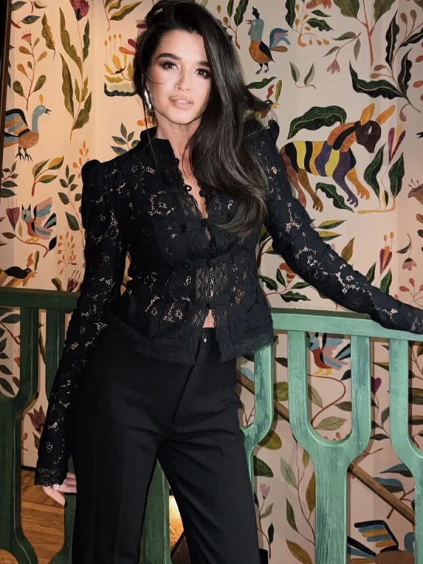 Elegant Stand Collar Lace Long Sleeve Print Floral Tops
