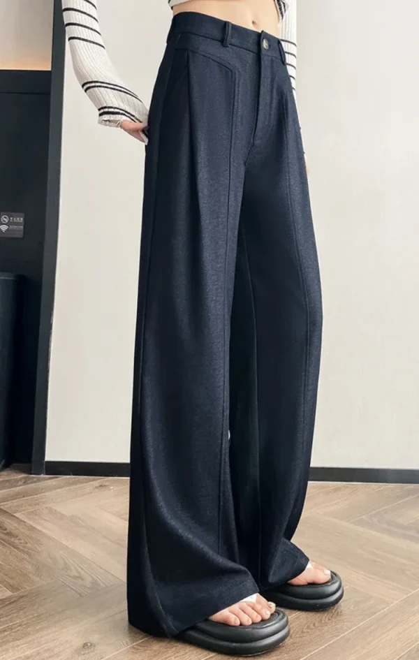 Elegant Straight Casual Denim Cotton Loose Wide Leg Full Pants High Waist Solid Trousers - Image 6