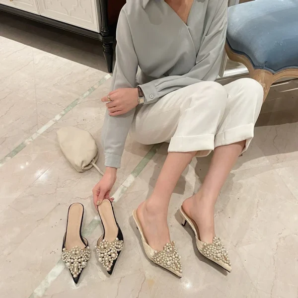 Elegant String Bead Crystal Patchwork Slip On Thin Heels Sandals - Image 11