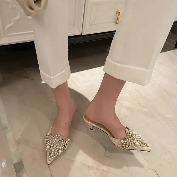 Elegant String Bead Crystal Patchwork Slip On Thin Heels Sandals - Image 3