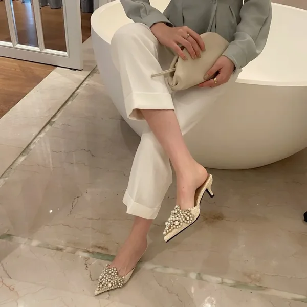 Elegant String Bead Crystal Patchwork Slip On Thin Heels Sandals - Image 2