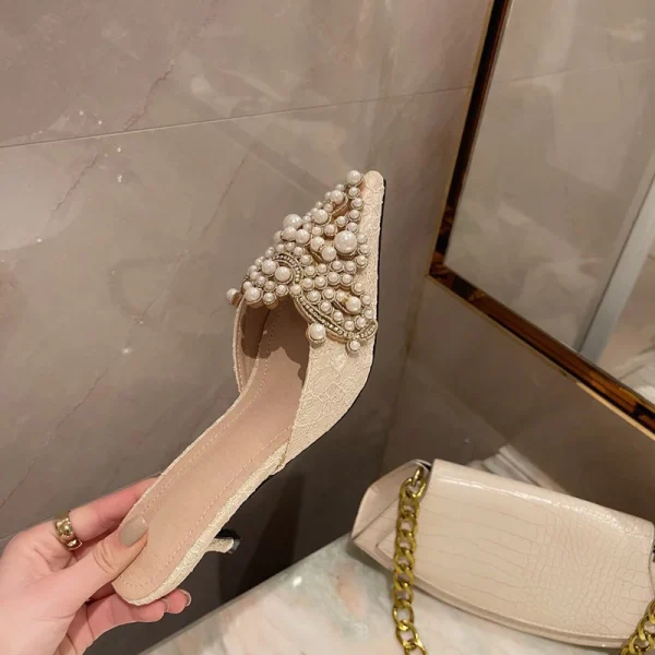 Elegant String Bead Crystal Patchwork Slip On Thin Heels Sandals - Image 6