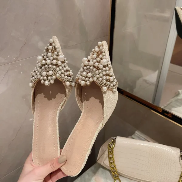 Elegant String Bead Crystal Patchwork Slip On Thin Heels Sandals - Image 5