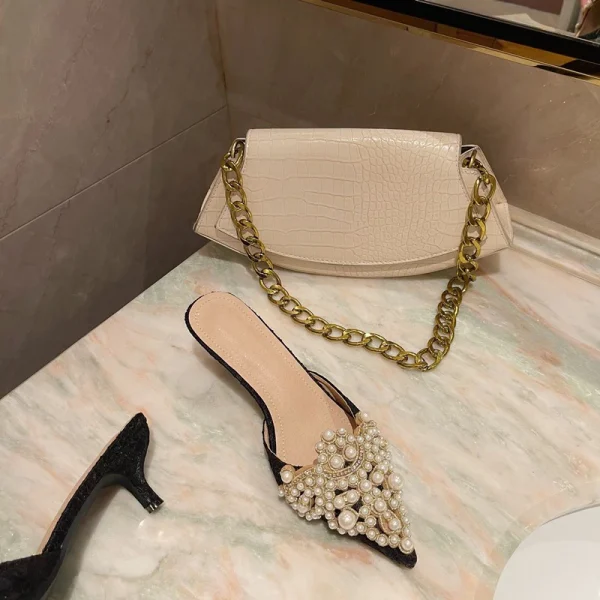 Elegant String Bead Crystal Patchwork Slip On Thin Heels Sandals - Image 14