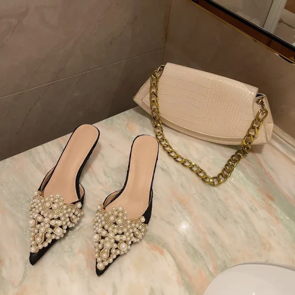 Elegant String Bead Crystal Patchwork Slip On Thin Heels Sandals - Image 15