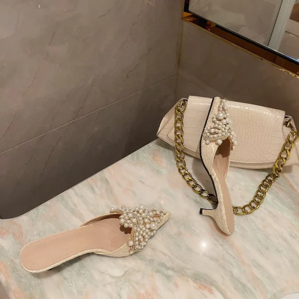 Elegant String Bead Crystal Patchwork Slip On Thin Heels Sandals - Image 7