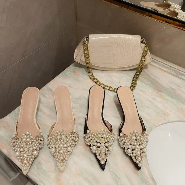 Elegant String Bead Crystal Patchwork Slip On Thin Heels Sandals - Image 17