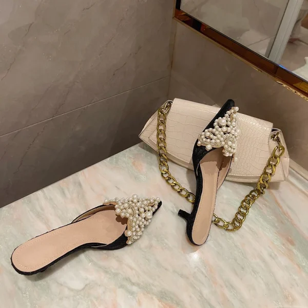 Elegant String Bead Crystal Patchwork Slip On Thin Heels Sandals - Image 16