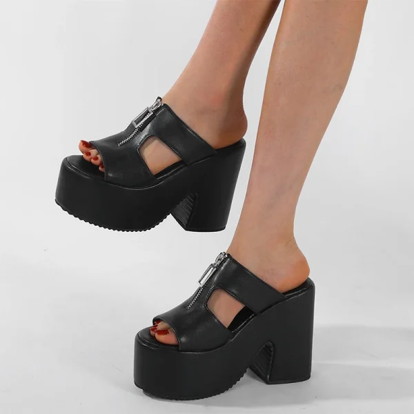 Elegant Thick Bottom Platform Wedges Metal Zipper Open Toe High Heels Slide Sandals - Image 2
