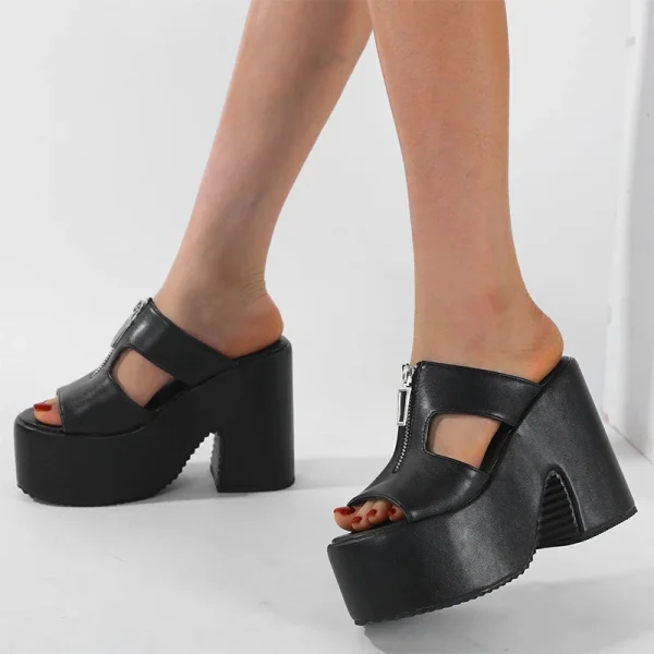Elegant Thick Bottom Platform Wedges Metal Zipper Open Toe High Heels Slide Sandals - Image 3