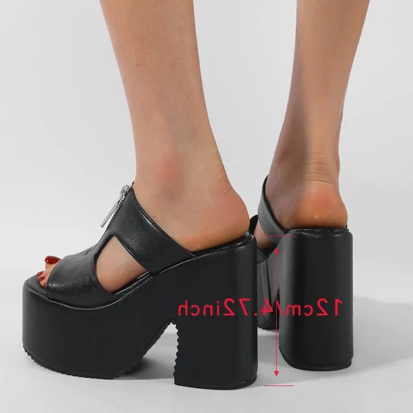 Elegant Thick Bottom Platform Wedges Metal Zipper Open Toe High Heels Slide Sandals - Image 4
