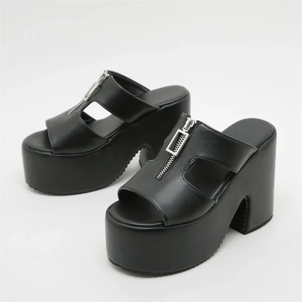 Elegant Thick Bottom Platform Wedges Metal Zipper Open Toe High Heels Slide Sandals - Image 5