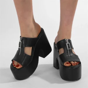 Elegant Thick Bottom Platform Wedges Metal Zipper Open Toe High Heels Slide Sandals