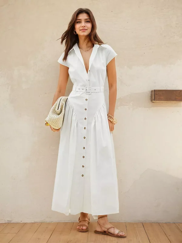 Elegant Turndown Collar Versatile Occasions Shirt Maxi Dress With Belted