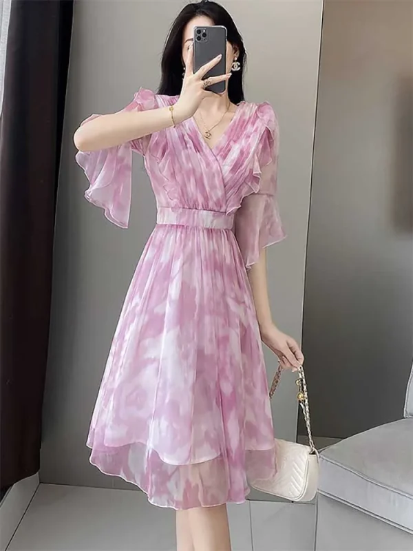 Elegant V-Neck Folds Ruffles Flare Sleeve Floral Loose Office Lady Midi Dress