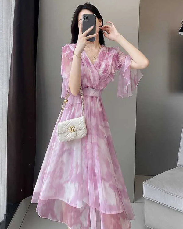 Elegant V-Neck Folds Ruffles Flare Sleeve Floral Loose Office Lady Midi Dress - Image 2