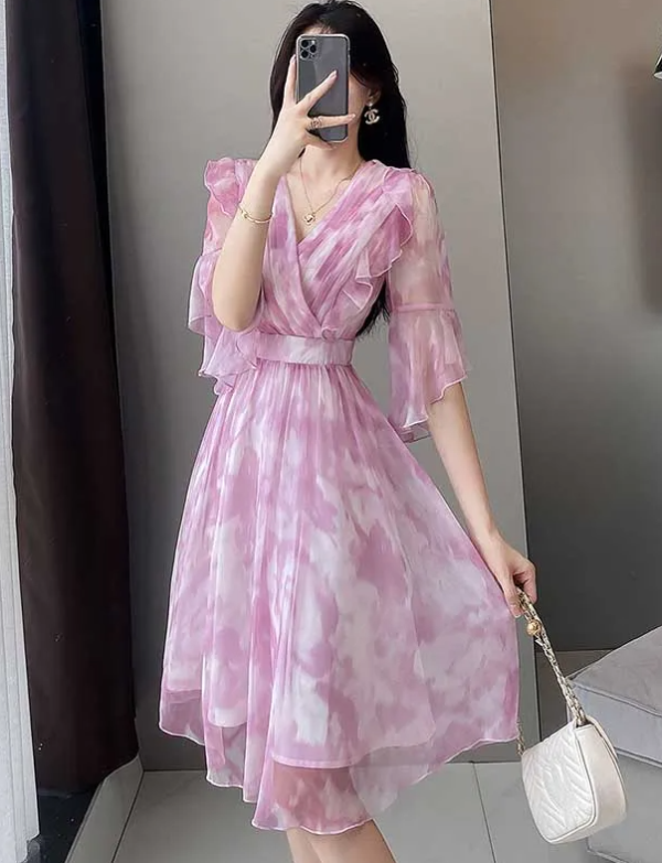 Elegant V-Neck Folds Ruffles Flare Sleeve Floral Loose Office Lady Midi Dress - Image 4